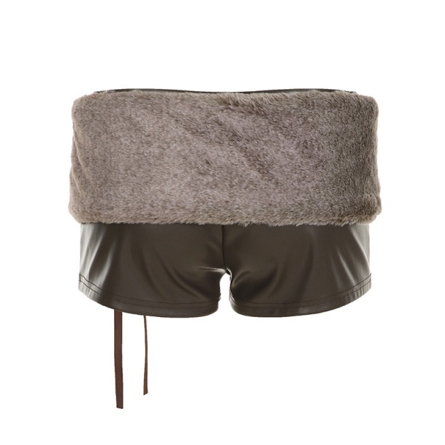 PU Leather Low-rise Tight Shorts with Fuzzy Belt