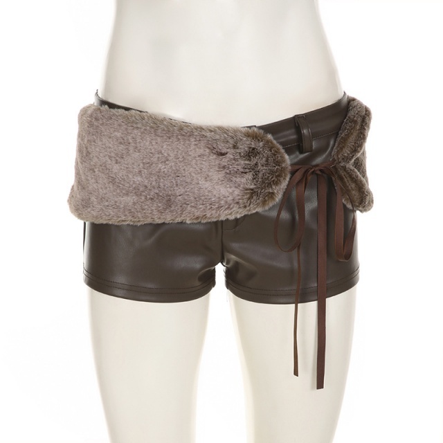 PU Leather Low-rise Tight Shorts with Fuzzy Belt