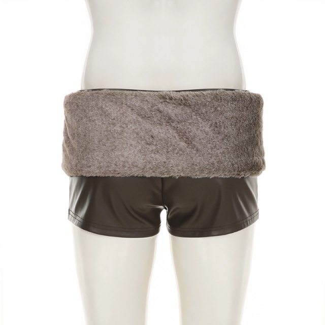 PU Leather Low-rise Tight Shorts with Fuzzy Belt