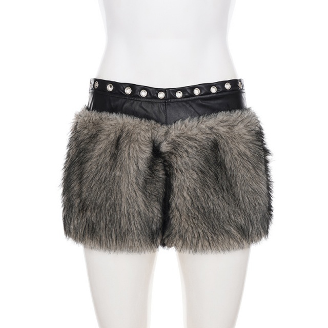 PU Leather Patchwork Eyelets Low-rise Fuzzy Shorts