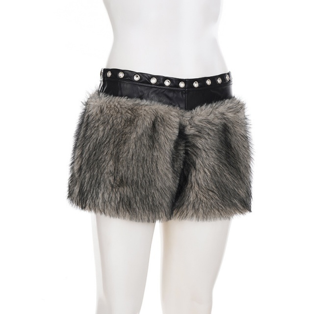 PU Leather Patchwork Eyelets Low-rise Fuzzy Shorts