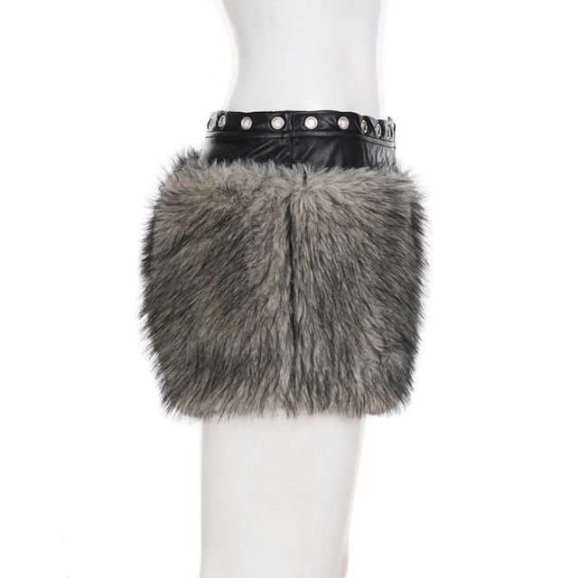 PU Leather Patchwork Eyelets Low-rise Fuzzy Shorts
