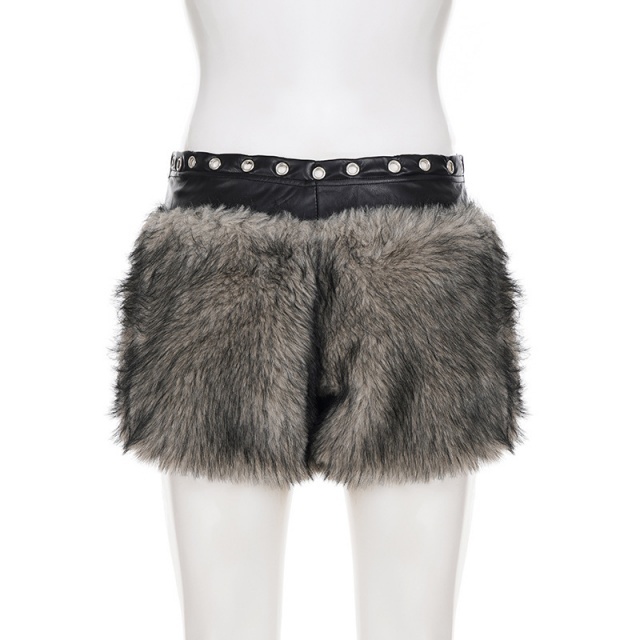 PU Leather Patchwork Eyelets Low-rise Fuzzy Shorts