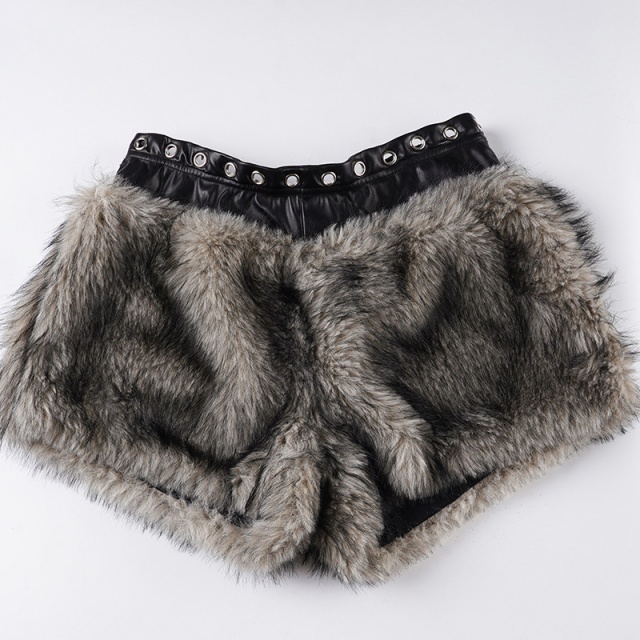 PU Leather Patchwork Eyelets Low-rise Fuzzy Shorts