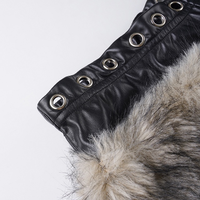 PU Leather Patchwork Eyelets Low-rise Fuzzy Shorts