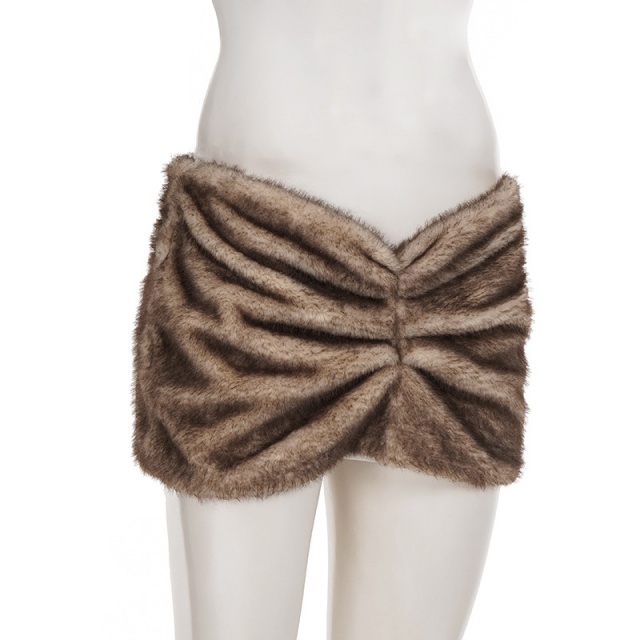 Side Pleated Low-waisted Fuzzy Mini Skirt
