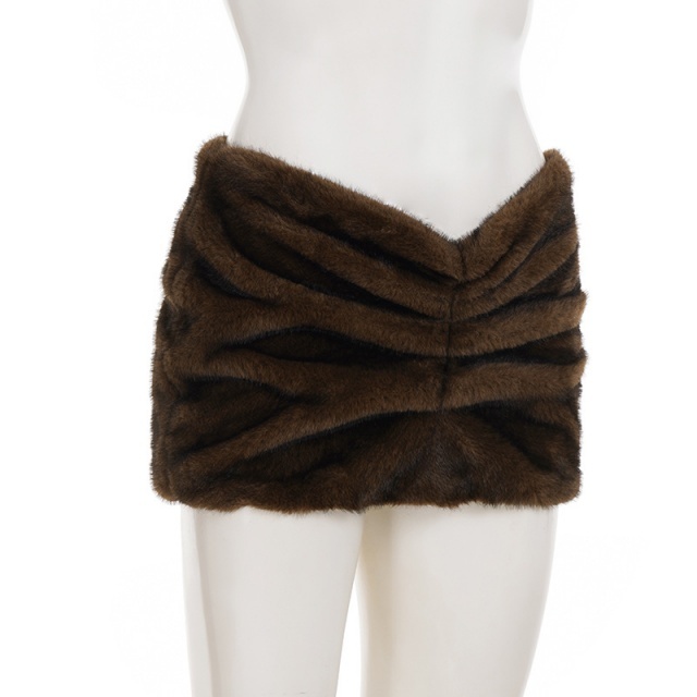 Side Pleated Low-waisted Fuzzy Mini Skirt