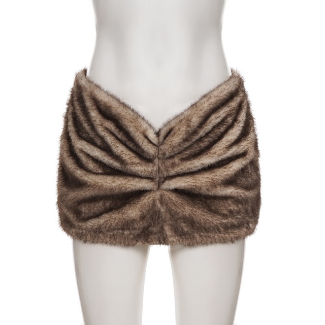 Side Pleated Low-waisted Fuzzy Mini Skirt