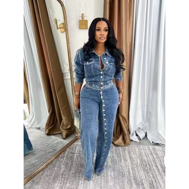 Button Down Washed Denim Pant Suit