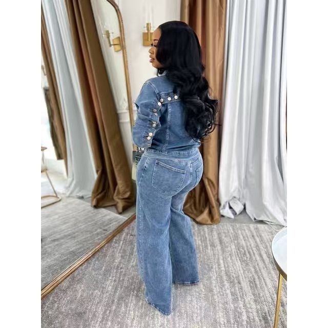 Button Down Washed Denim Pant Suit