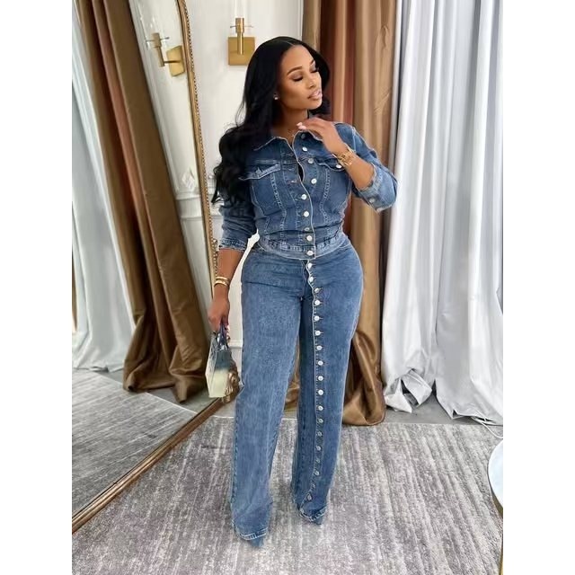 Button Down Washed Denim Pant Suit