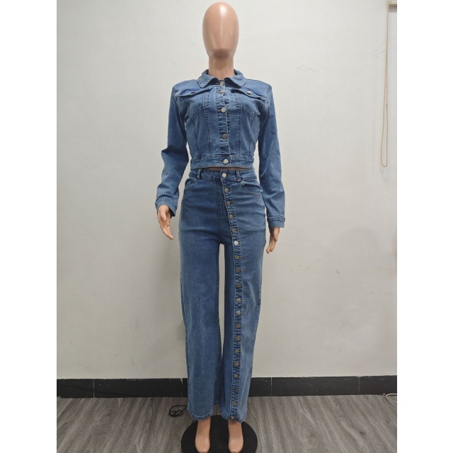 Button Down Washed Denim Pant Suit