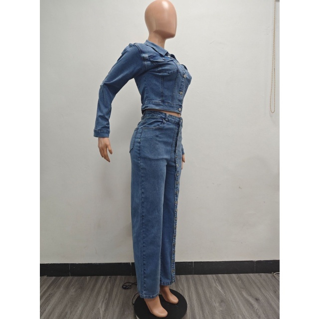 Button Down Washed Denim Pant Suit