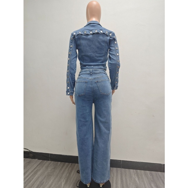 Button Down Washed Denim Pant Suit