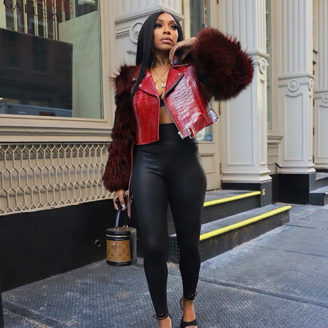 Fuzzy Sleeve Patchwork Style PU Leather Jacket