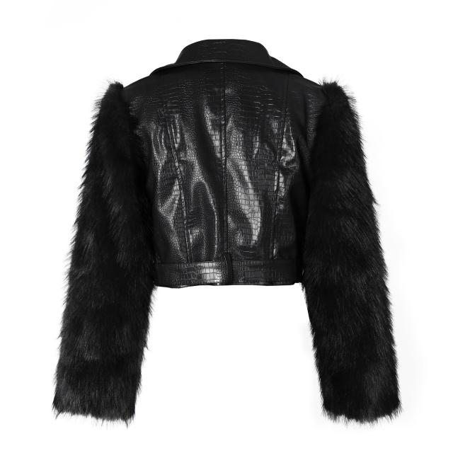 Fuzzy Sleeve Patchwork Style PU Leather Jacket