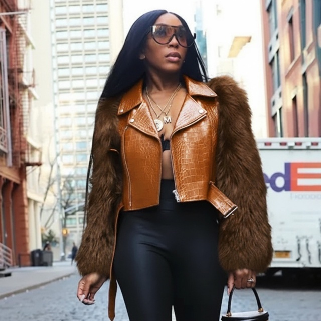 Fuzzy Sleeve Patchwork Style PU Leather Jacket