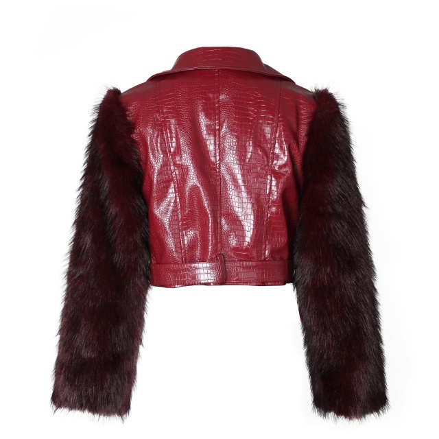 Fuzzy Sleeve Patchwork Style PU Leather Jacket