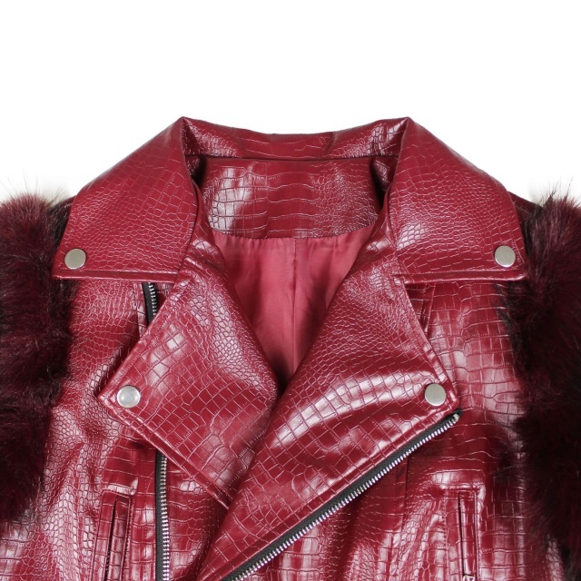 Fuzzy Sleeve Patchwork Style PU Leather Jacket