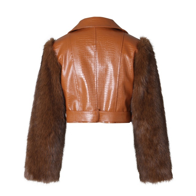 Fuzzy Sleeve Patchwork Style PU Leather Jacket