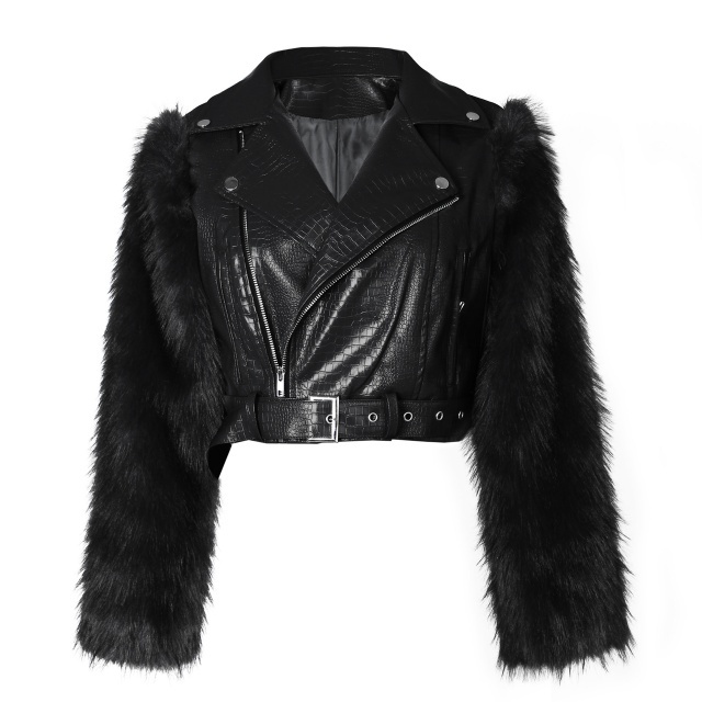 Fuzzy Sleeve Patchwork Style PU Leather Jacket