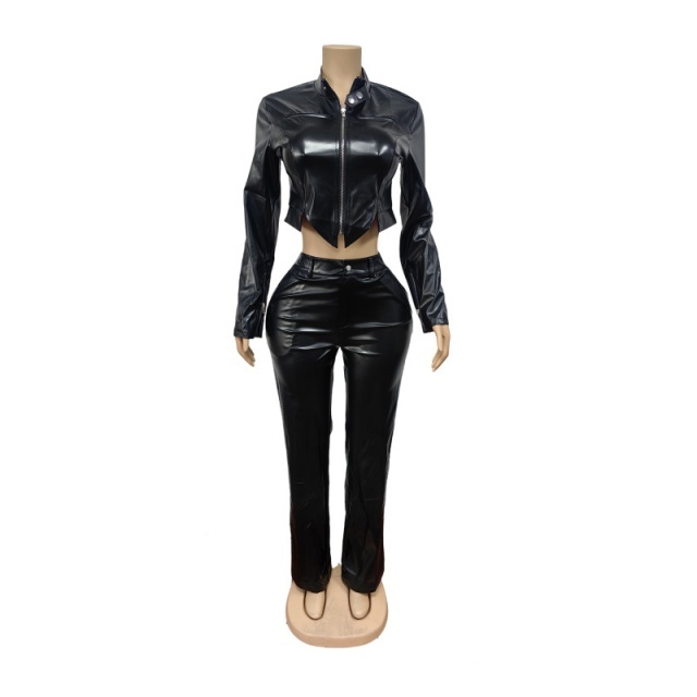 Solid Color PU Leather Zipper Top Two Pieces Pant Set