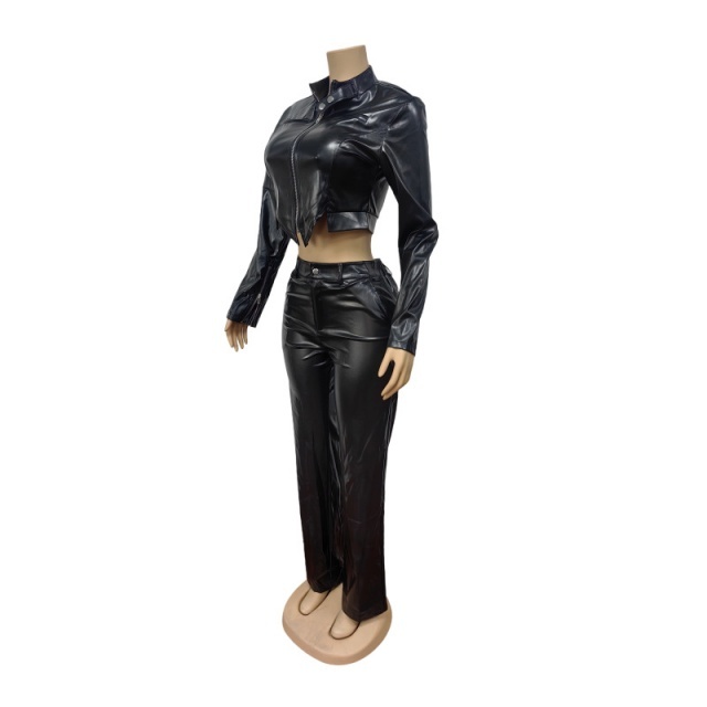 Solid Color PU Leather Zipper Top Two Pieces Pant Set