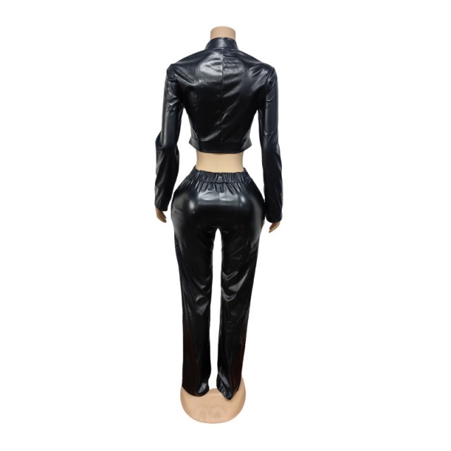 Solid Color PU Leather Zipper Top Two Pieces Pant Set