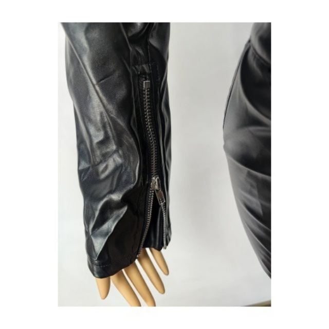 Solid Color PU Leather Zipper Top Two Pieces Pant Set