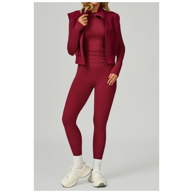 Zipper Up Suede Jacket Vest Activewear 3 Pieces Pant Set
