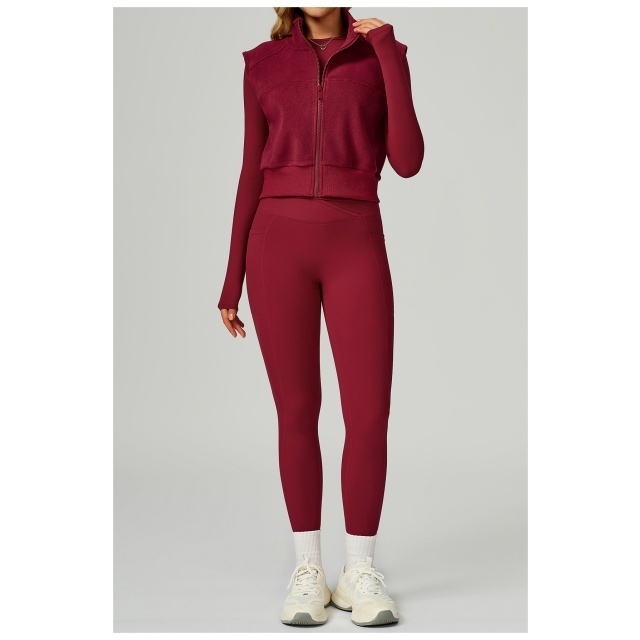 Zipper Up Suede Jacket Vest Activewear 3 Pieces Pant Set