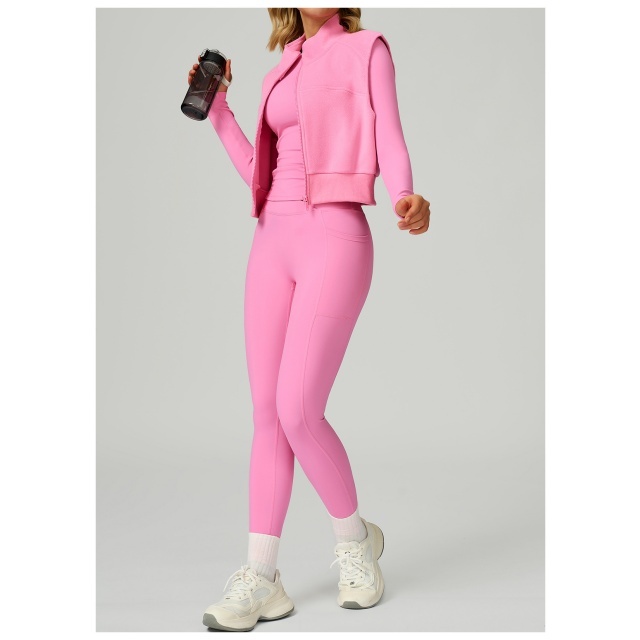 Zipper Up Suede Jacket Vest Activewear 3 Pieces Pant Set