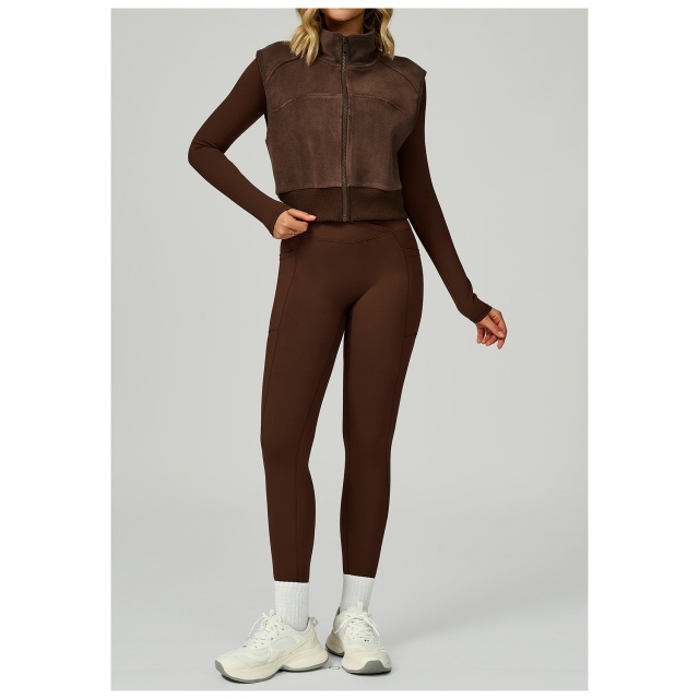 Zipper Up Suede Jacket Vest Activewear 3 Pieces Pant Set