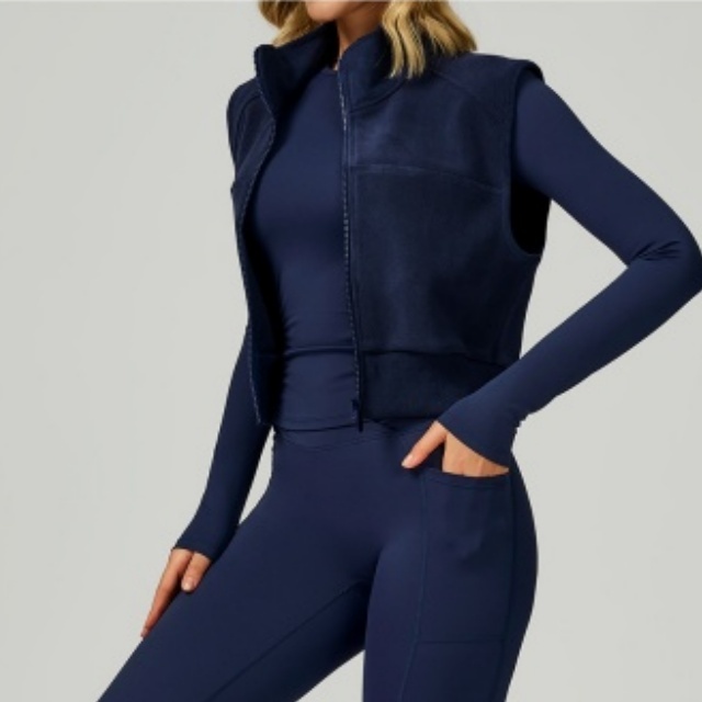 Zipper Up Suede Jacket Vest Activewear 3 Pieces Pant Set