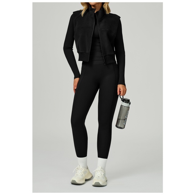 Zipper Up Suede Jacket Vest Activewear 3 Pieces Pant Set