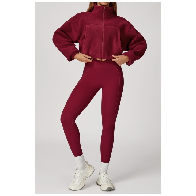 Activewear Suede Long Sleeve Jacket Tight Pant Set Two Pieces