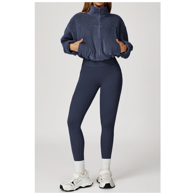 Activewear Suede Long Sleeve Jacket Tight Pant Set Two Pieces