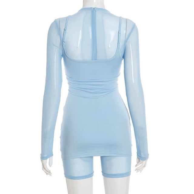 Long Sleeve Sheer Mesh Bodycon Romper Cami Dress Set Two Pieces