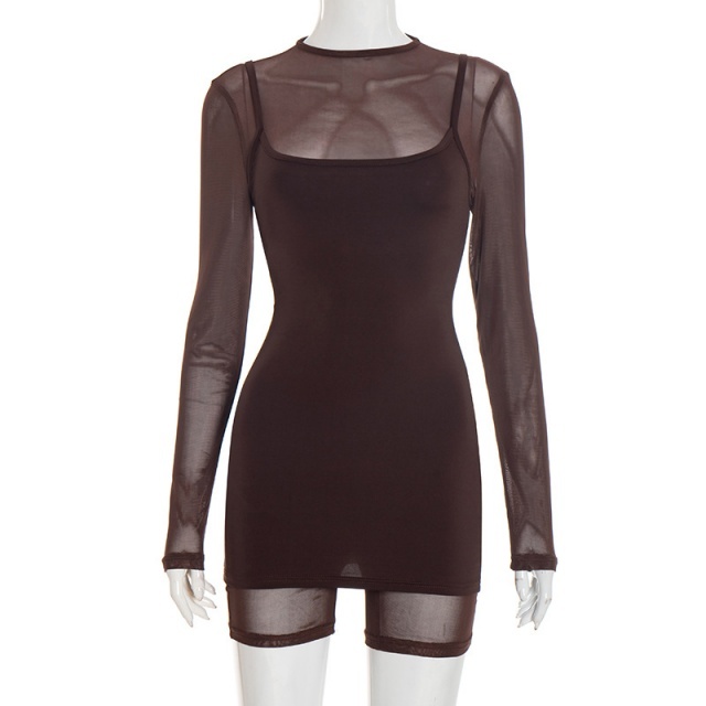 Long Sleeve Sheer Mesh Bodycon Romper Cami Dress Set Two Pieces