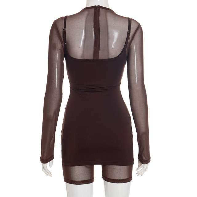 Long Sleeve Sheer Mesh Bodycon Romper Cami Dress Set Two Pieces