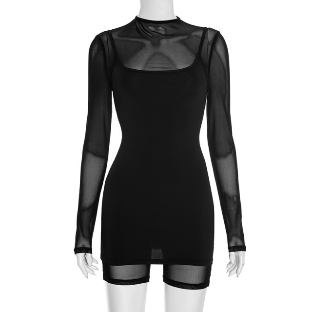 Long Sleeve Sheer Mesh Bodycon Romper Cami Dress Set Two Pieces
