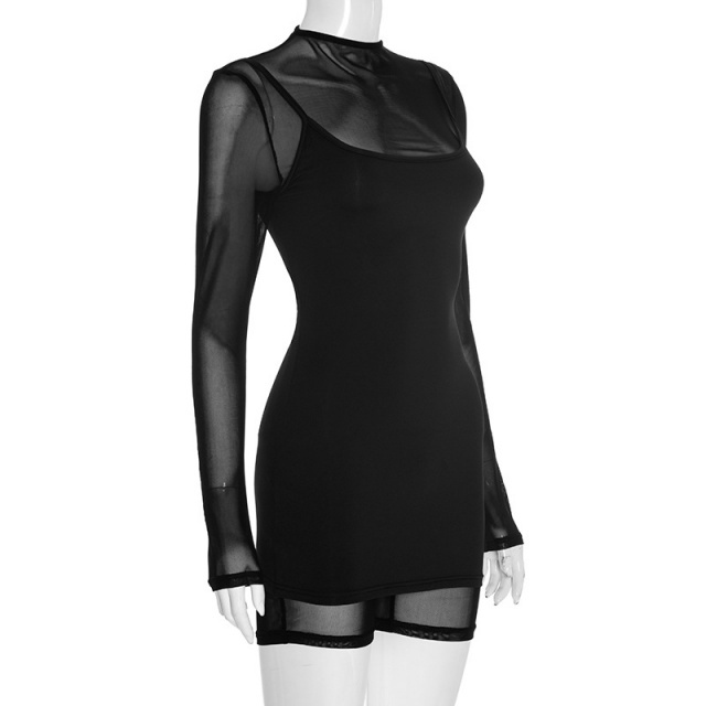 Long Sleeve Sheer Mesh Bodycon Romper Cami Dress Set Two Pieces