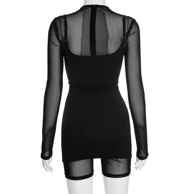 Long Sleeve Sheer Mesh Bodycon Romper Cami Dress Set Two Pieces