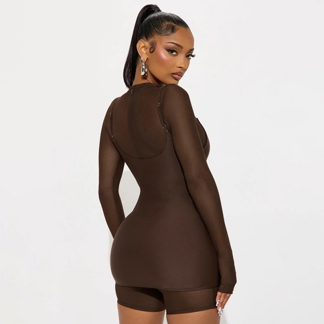 Long Sleeve Sheer Mesh Bodycon Romper Cami Dress Set Two Pieces