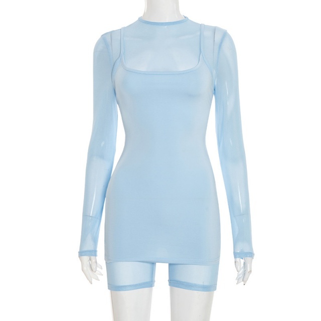 Long Sleeve Sheer Mesh Bodycon Romper Cami Dress Set Two Pieces
