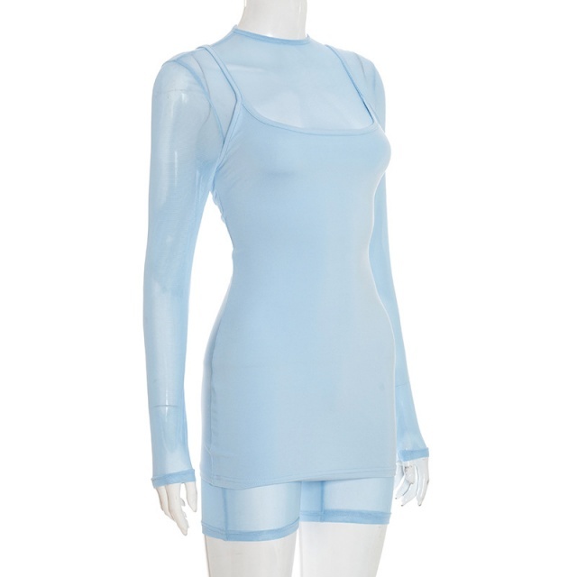 Long Sleeve Sheer Mesh Bodycon Romper Cami Dress Set Two Pieces