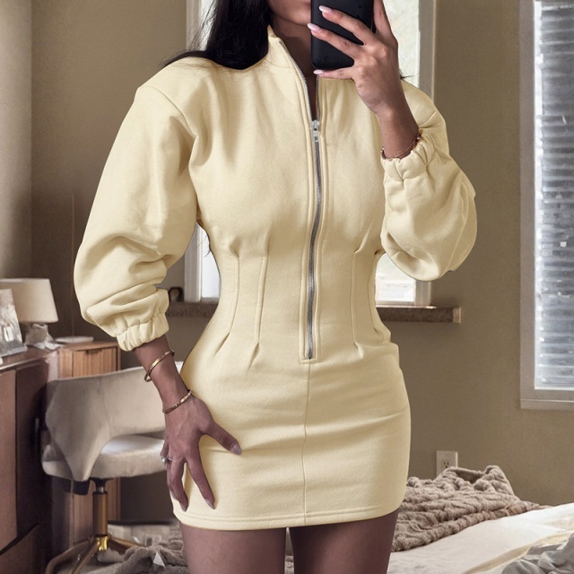 Solid Color Zipped Up Hoodies Mini Dress