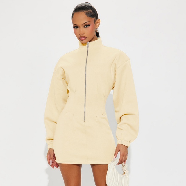Solid Color Zipped Up Hoodies Mini Dress