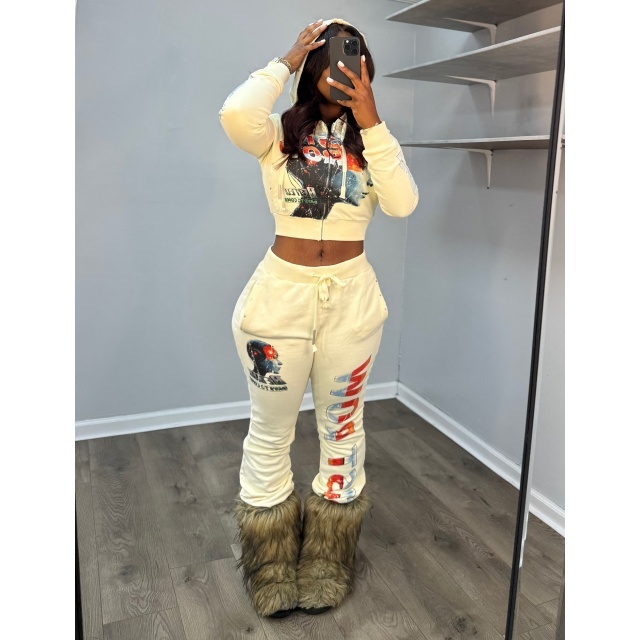 Chic Printed Hooded Tops Jogging Pant Set
