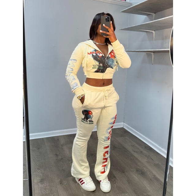 Chic Printed Hooded Tops Jogging Pant Set